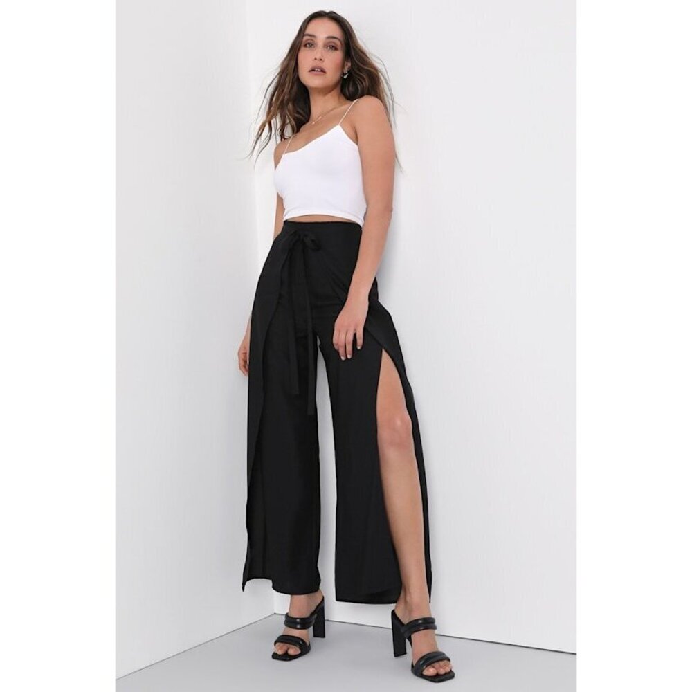 Lulus Bright And Breezy Black Tie-front Culotte Side Slit Pants - Size M